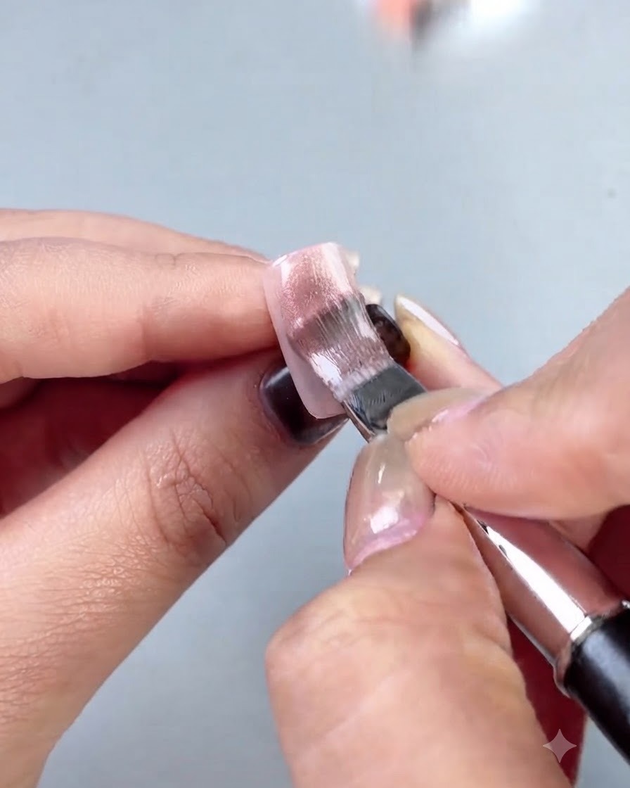水のように透明感のあるシアーなジェルを爪全体に均一に伸ばしている筆。