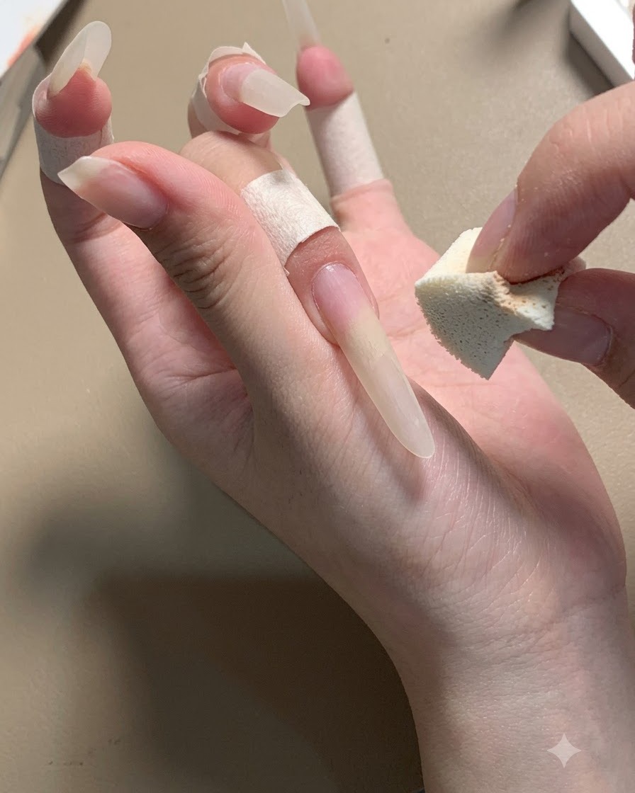 保護テープを巻いたロングスティレットネイルの近くで、小さなスポンジを持っている手。