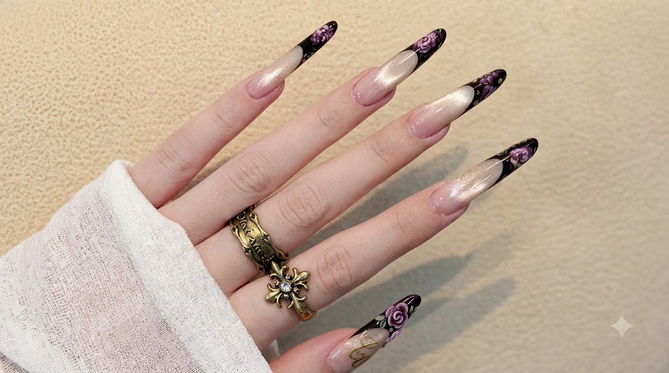 ダークフローラル＆黒フレンチ・キャッツアイのスティレットネイル — ステップ別チュートリアル