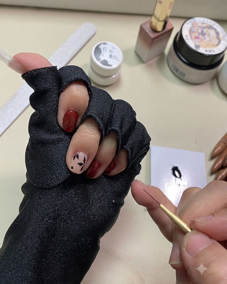 完成した黒いリーフネイルアートを硬化した爪と、ライナーブラシを持っている手元のアップ画像。
