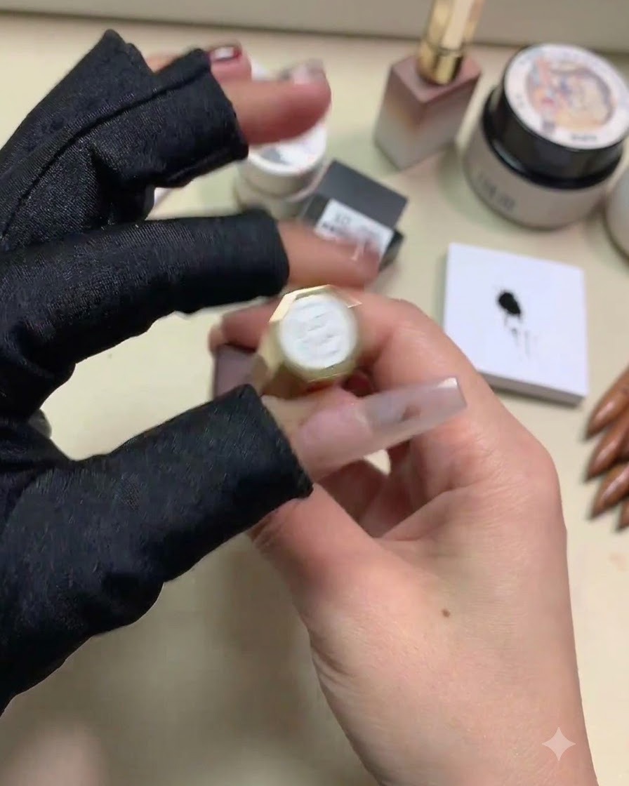 Nail Love 60色セットの53番、ボルドーレッドのジェルポリッシュのボトルを持っている手。