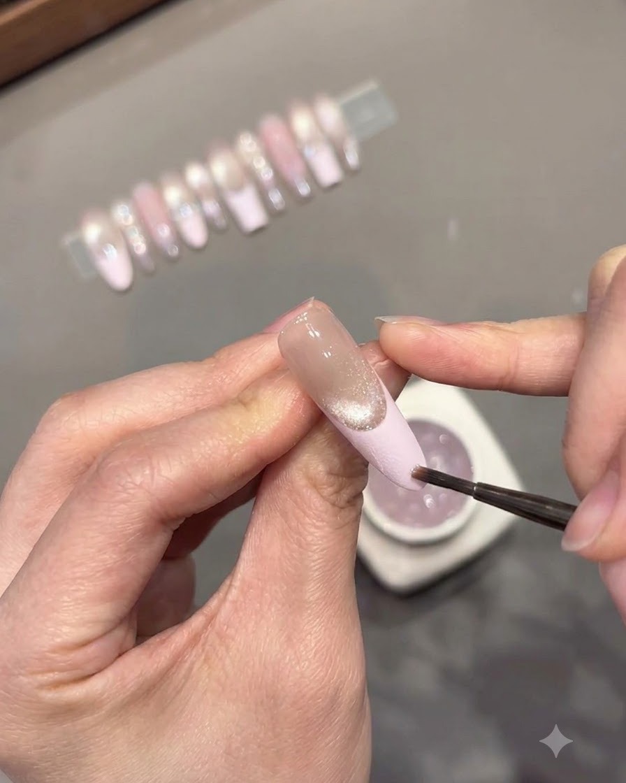 極細のディテールブラシを使って、フレンチのスマイルラインに沿って粘度の高いスカルプチュアジェルでぷっくりとした線を引いている様子。