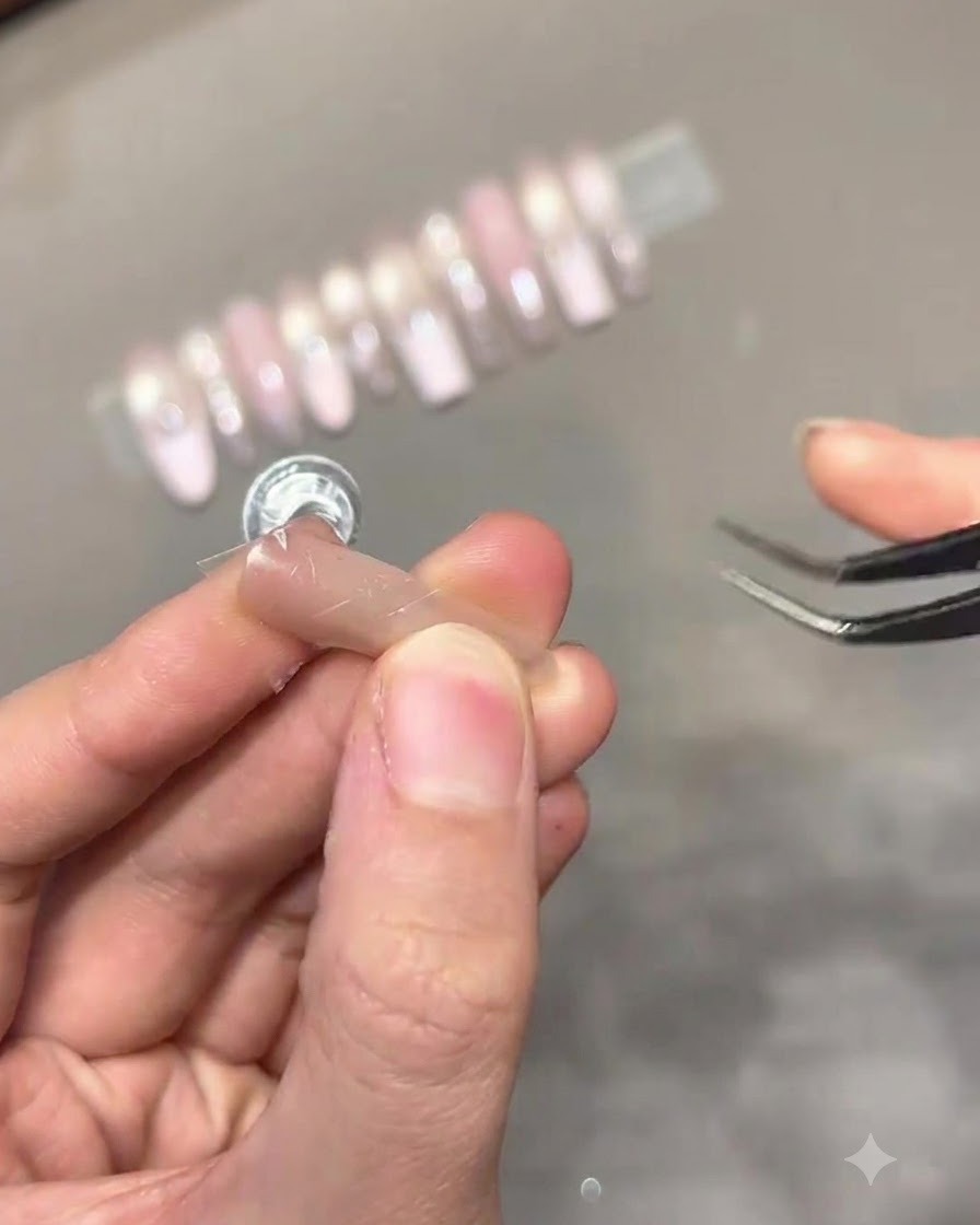 クリアなネイルディスプレイスタンドに、ピンセットで星型のシールを配置している様子。