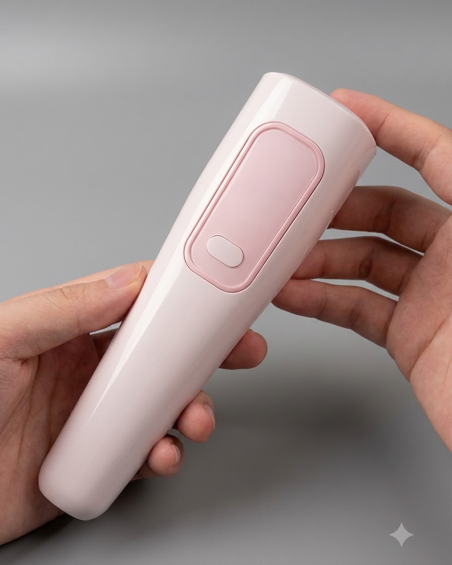 大きなピンク色のハンディUV/LEDライトをネイルスタンドの上にかざし、複数のネイルを一度に硬化している様子。