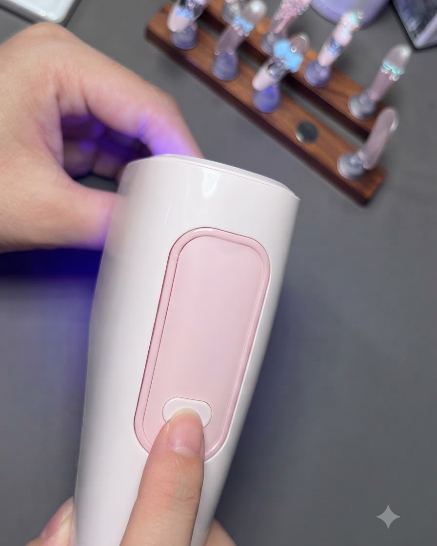 ネイルブラシを使って、爪に乗せた3Dパーツの上にピンポイントで艶やかなトップコートを塗っている様子。
