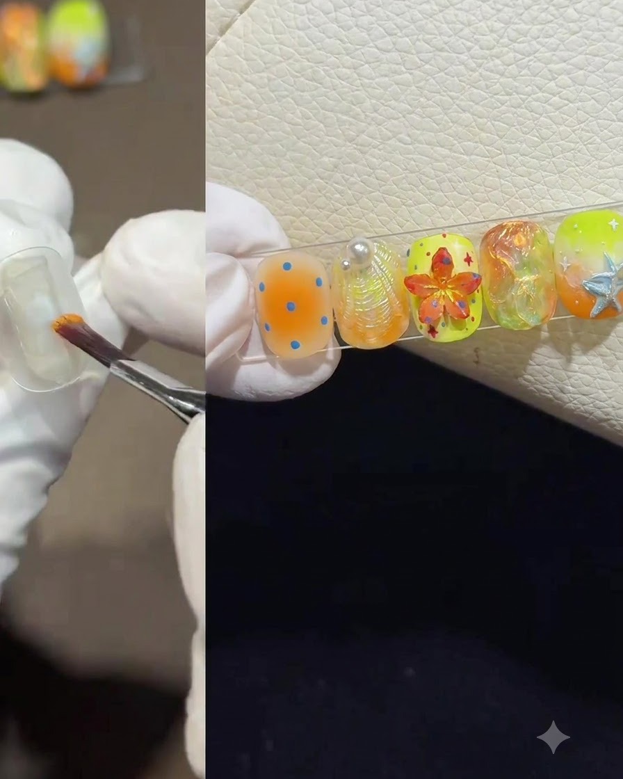 手袋をした手がブラシを使って、クリアな練習用ネイルチップにオレンジ色のジェルポリッシュを乗せているところ。