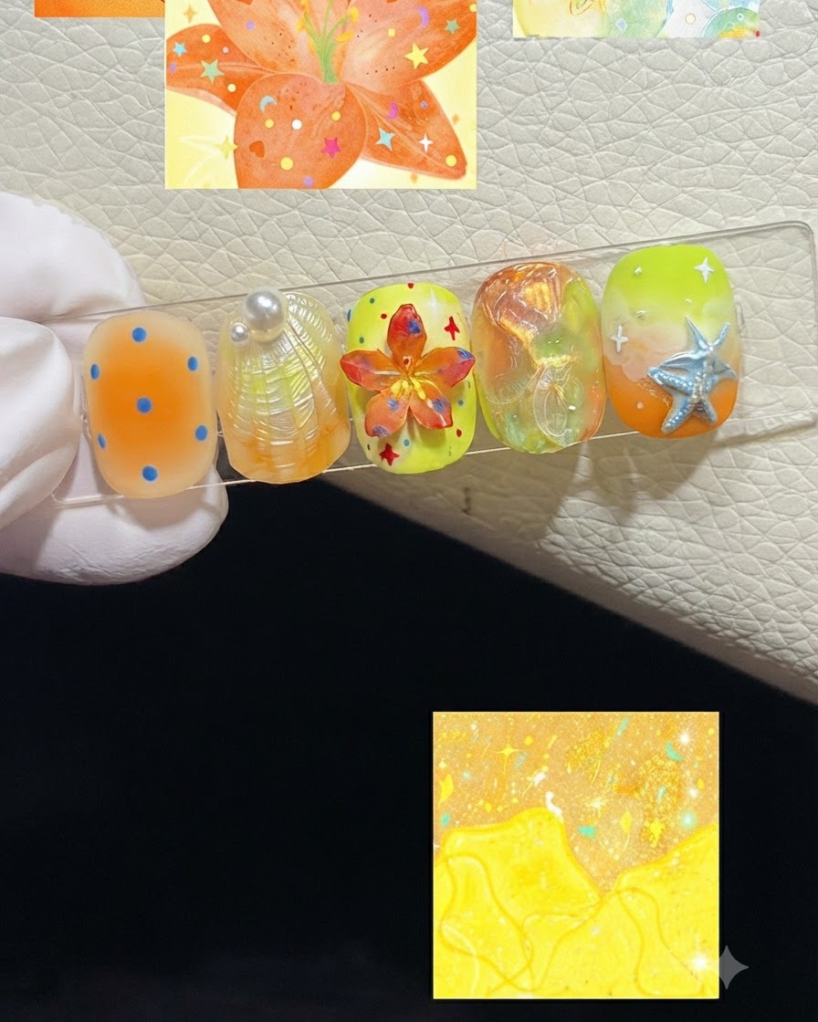 3Dのオレンジ色のフラワーネイルアートの中心に、細筆で黄色の雄しべのアクセントを加えていくクローズアップの様子。