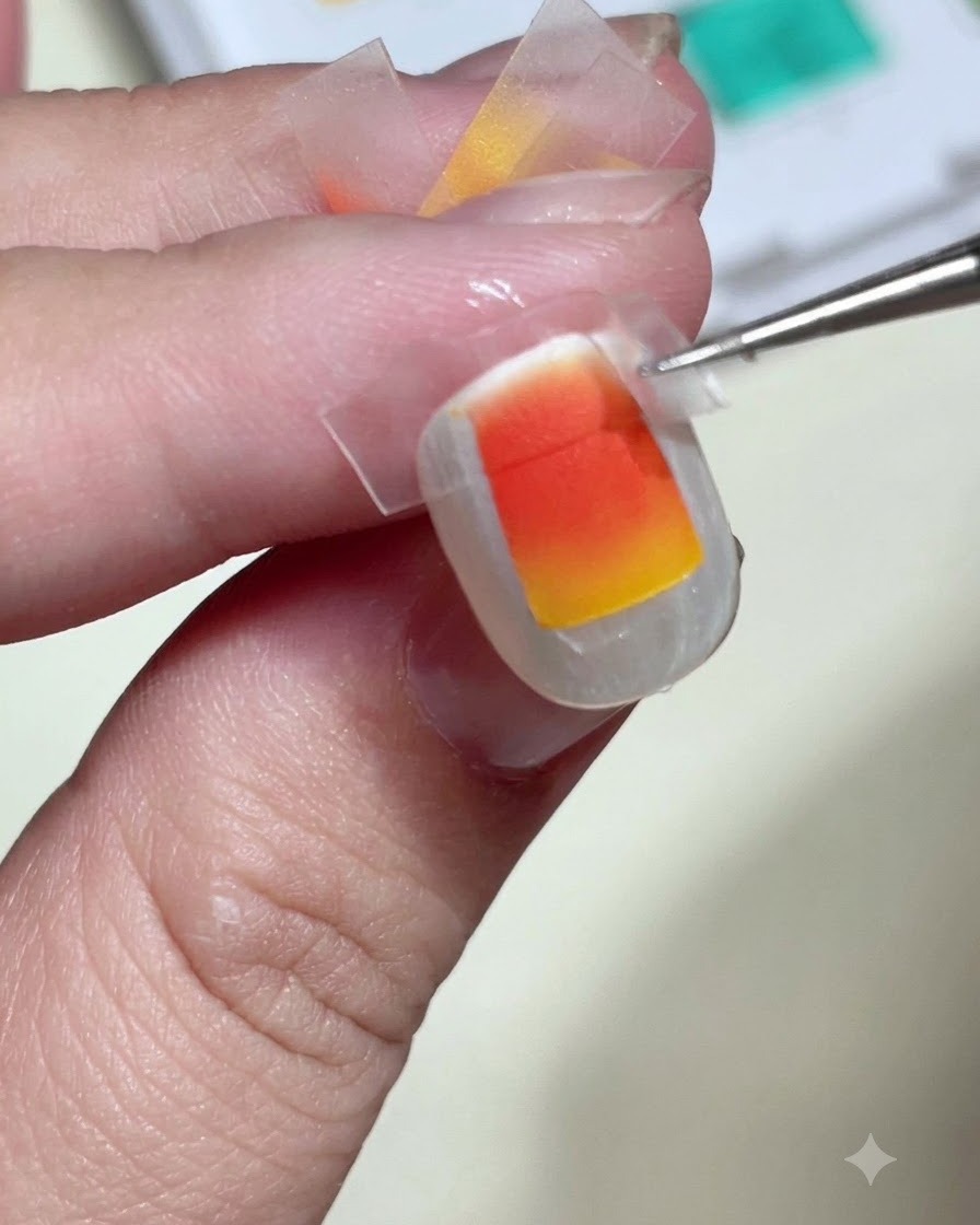 ピンセットで爪からクリアテープを慎重に剥がし、すっきりと冴えたオレンジと黄色の夕日グラデーションの正方形が現れている様子。
