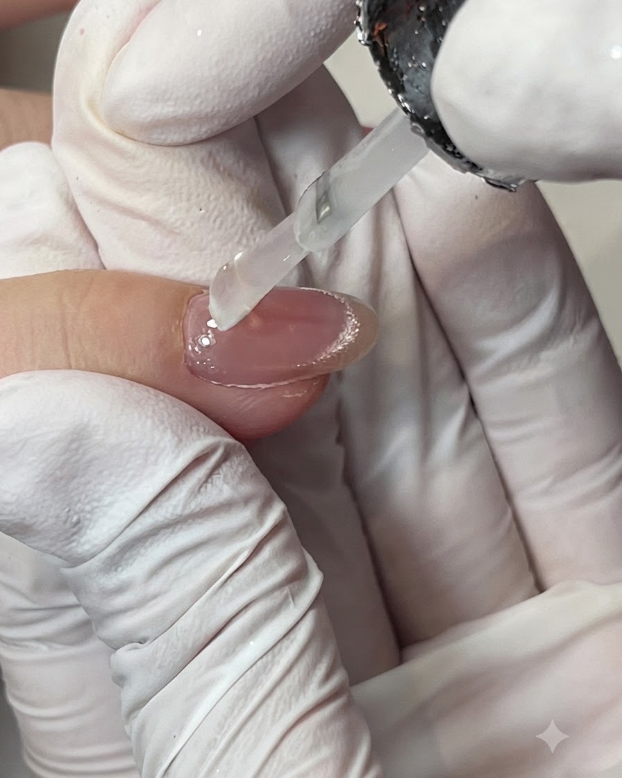 手袋を着用した手が、スポンジアプリケーターツールにポリッシュを軽く叩き込んでいる様子。
