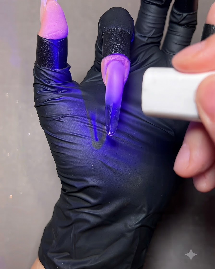 ポータブルUV/LEDランプの紫色の光の下に置かれた、透明なネイルエクステンション付きの指。