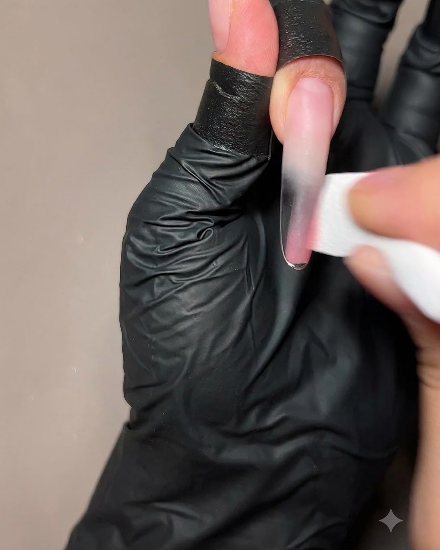 ロングネイルエクステンションの下半分に、メイクスポンジを使ってシアーなピーチジェルを軽く叩き込んでいる手。