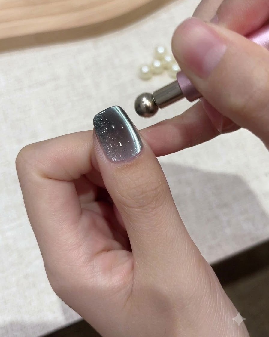 小さな球体のマグネットツールがジェルネイルのキューティクル付近に近づけられ、シマー粒子を移動させている様子。