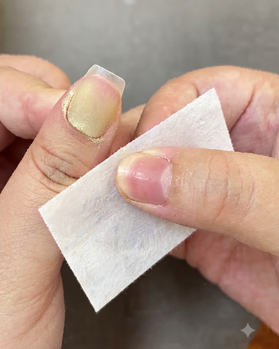下準備をした爪の甘皮周りを、糸くずの出ないワイプで拭き取っている様子。