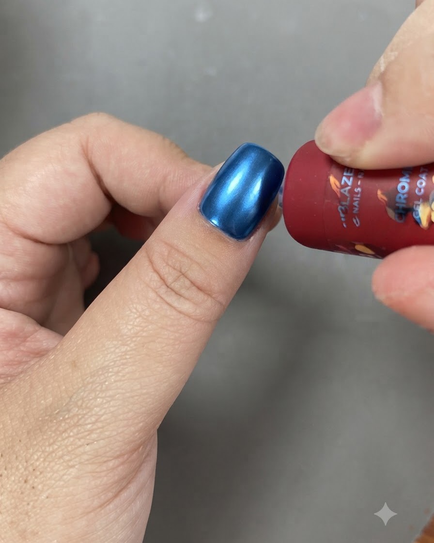 グラデーションベースの上にジェルブラシでスパークリングキャッツアイポリッシュを塗布している様子。