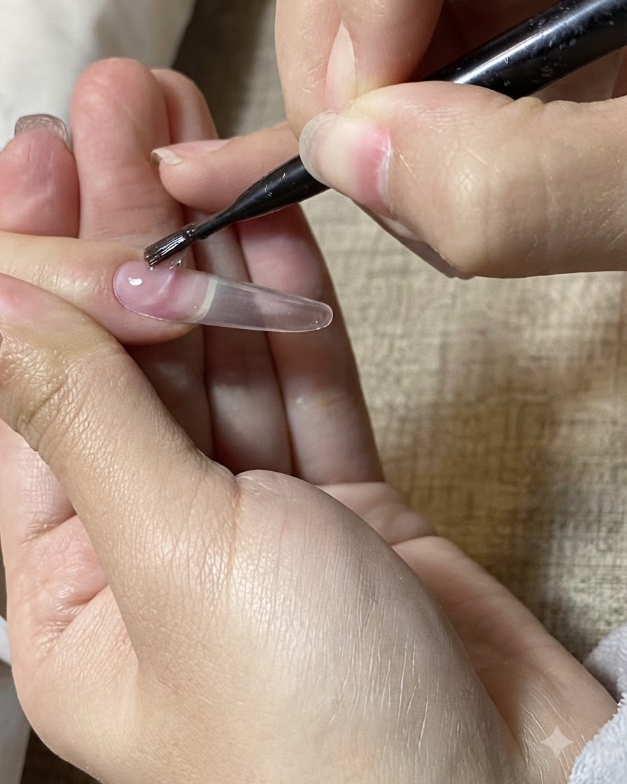 長さ出しをした爪に、細いネイルブラシで透明なビルダージェルをのせている様子。