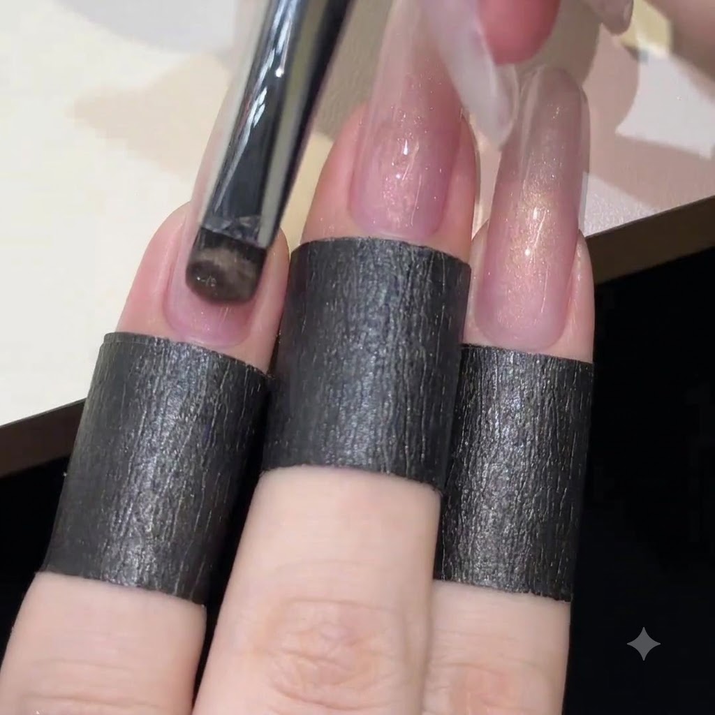 ジェルブラシを使って、透明感のあるロングのネイルチップの表面にシアーピンクのキャッツアイポリッシュを滑らかに均一に塗っているところ。
