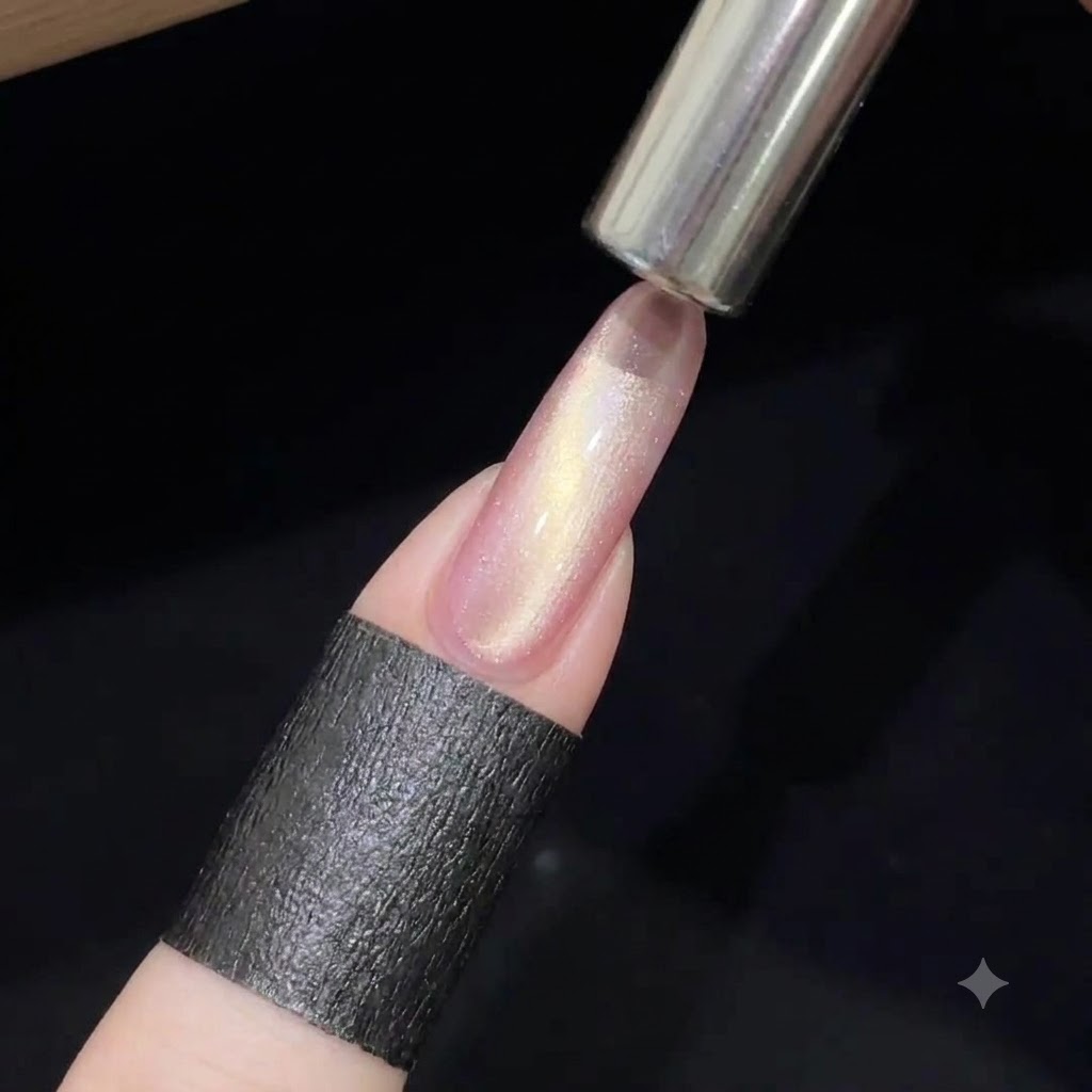 ピンクのキャッツアイジェルの上にかざした円柱型マグネットが、中央に幅広の輝く光のラインを引き出しているところ。