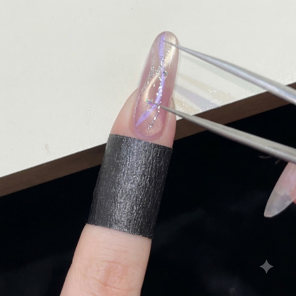 先の尖ったピンセットを使い、未硬化のクリアジェルが塗られたネイルの表面に小さなシルバーの星型ホログラムを配置しているところ。