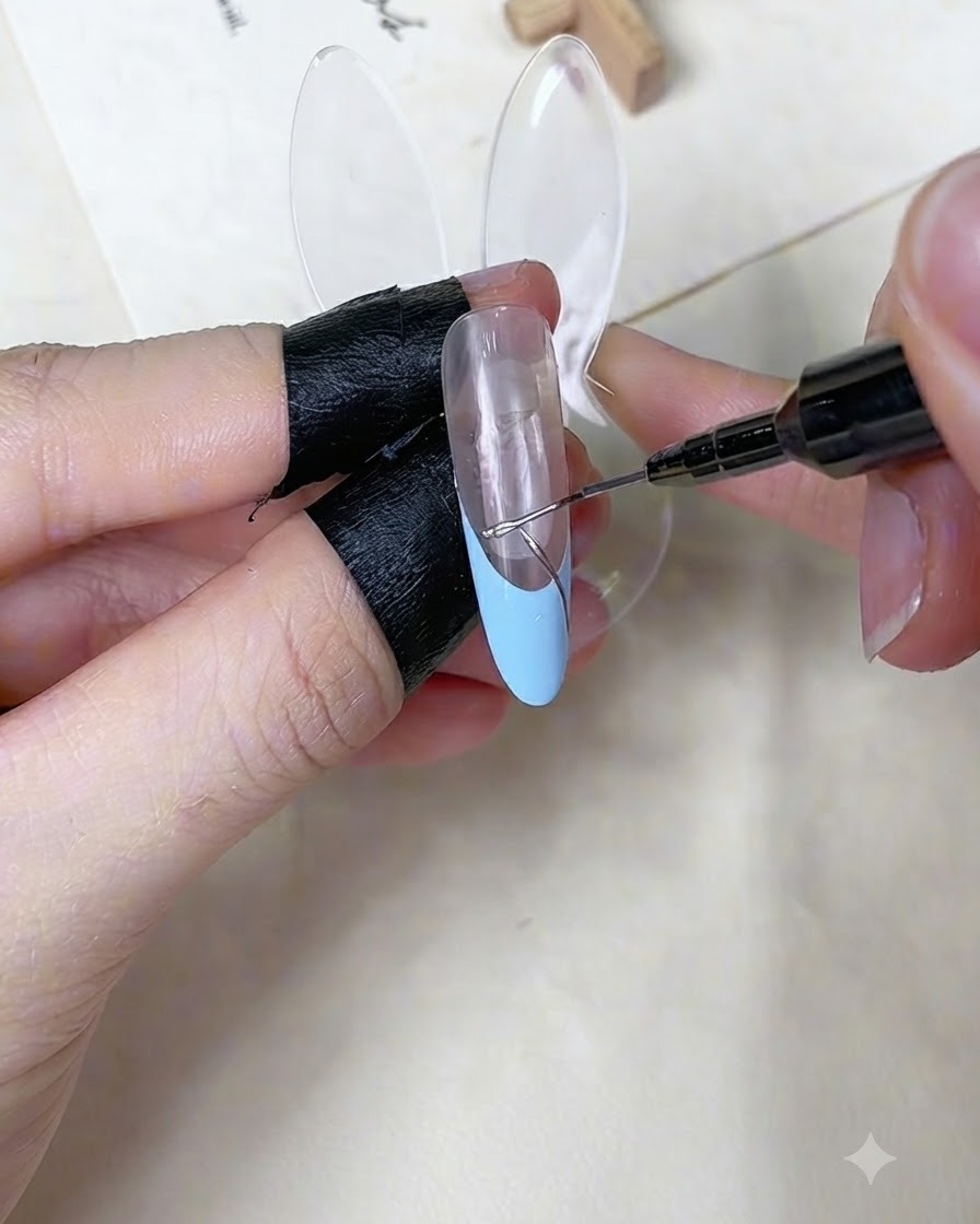ブルーとヌードカラーの境目に、極細のライナーブラシでシルバーのアクセントラインを描いている様子。