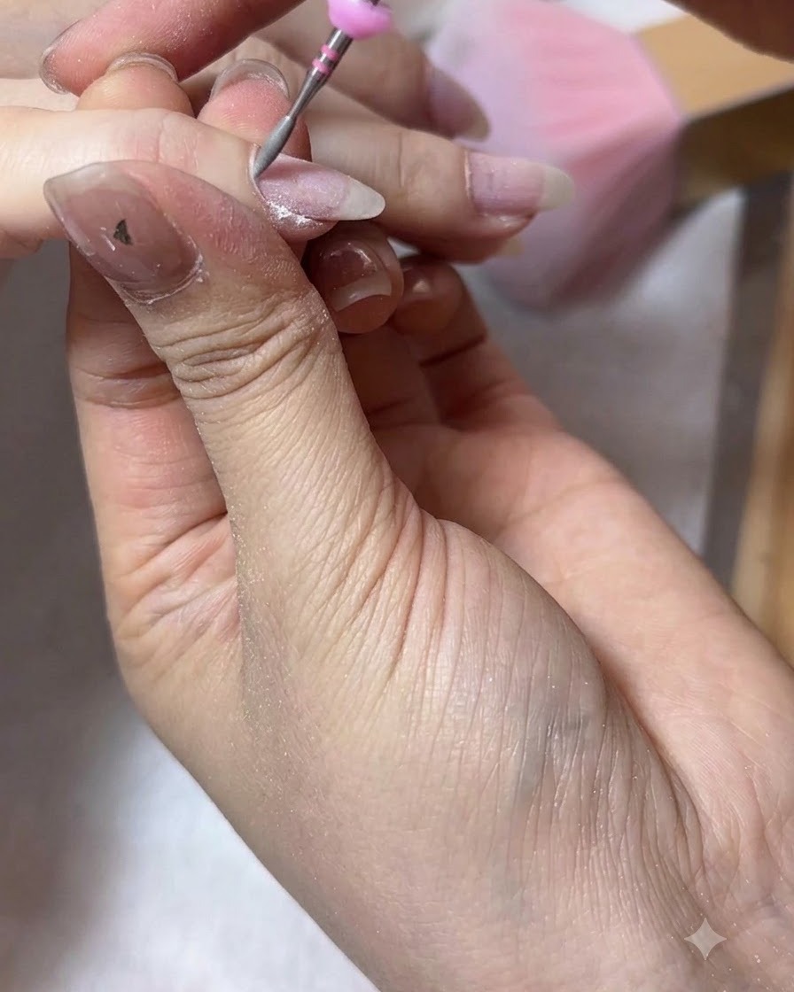 親指のキューティクル付近の乾燥した角質を、ネイルマシンのフレームビットでケアしている様子。