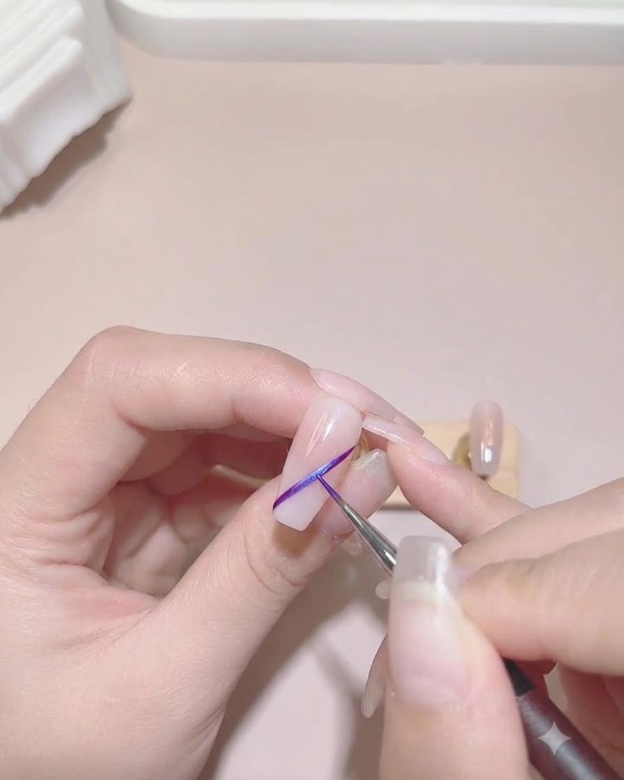 ニュートラルカラーのネイルチップに、極細筆で鮮やかなパープルの斜めラインを描いている様子。