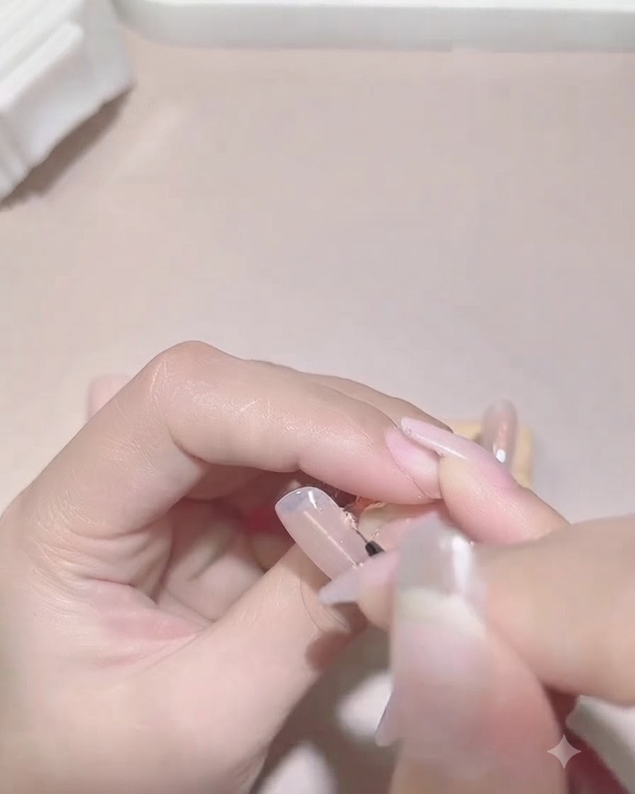 細いネイルアートブラシで、爪にウェーブ状の変形パープルフレンチラインを描いている様子。