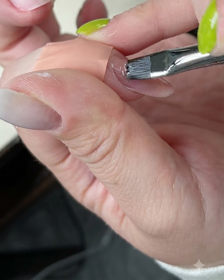 フラットなジェルブラシでネイルベッド全体にヌードピンクジェルを丁寧に塗っている様子。
