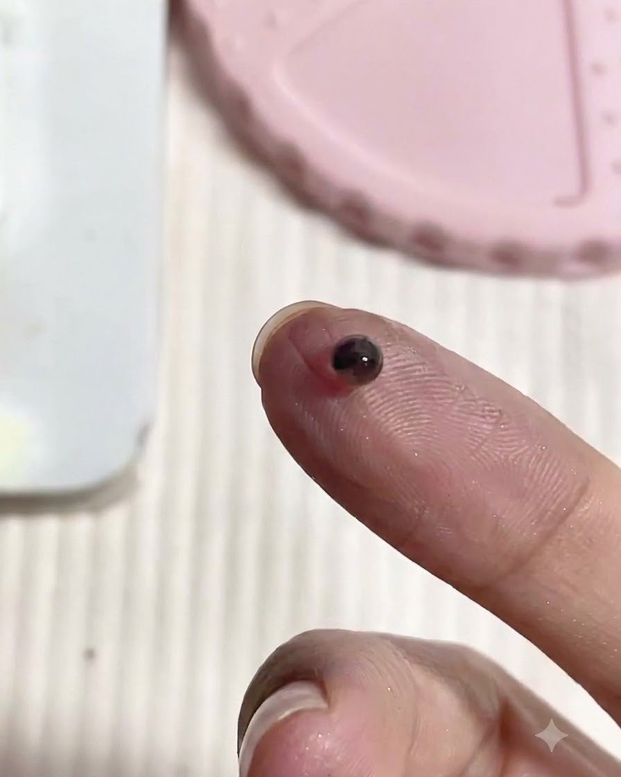 暗い色のPVCソフトキャンディジェルの小さく丸められたボールを保持している指先のクローズアップ。