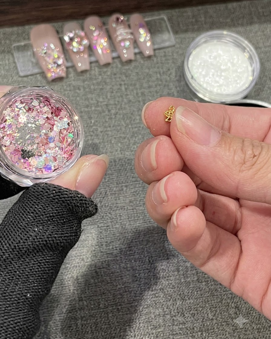 小さなゴールドのチャームを持っている手が、ピンクと虹色のグリッターのスパンコールの開いた瓶の隣にある様子。