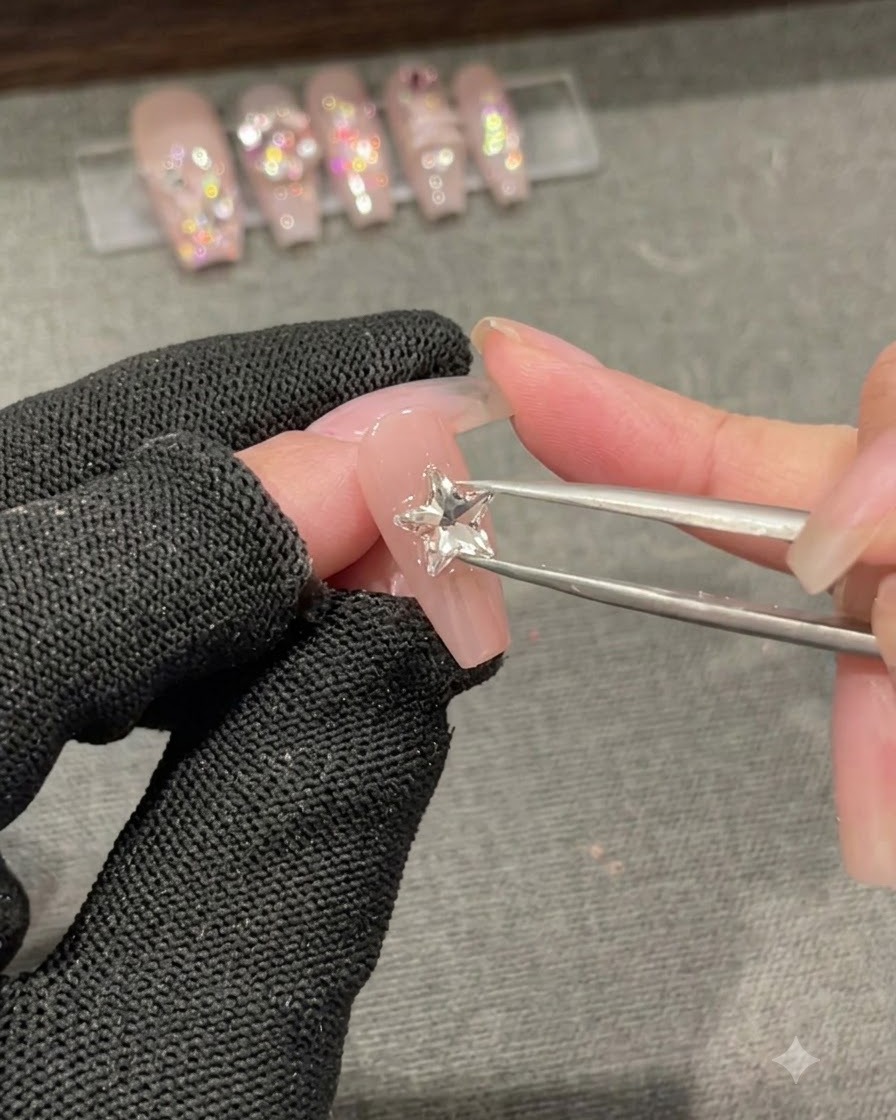 金属製のピンセットが、ヌードカラーのネイルの上に大きな透明なスタークリスタルを置いている様子。