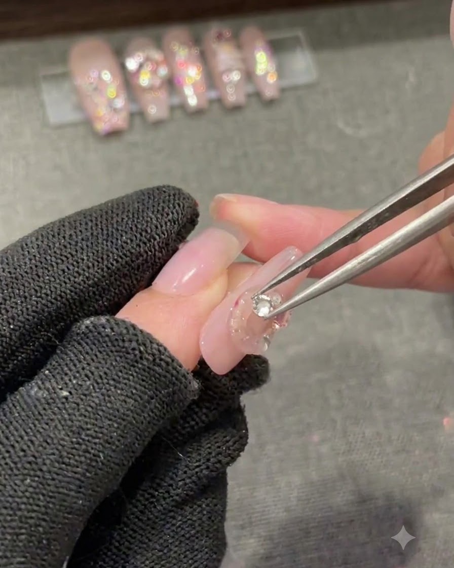 ピンセットが、装飾されたネイル表面に小さな丸いクリスタルビーズを置いている様子。