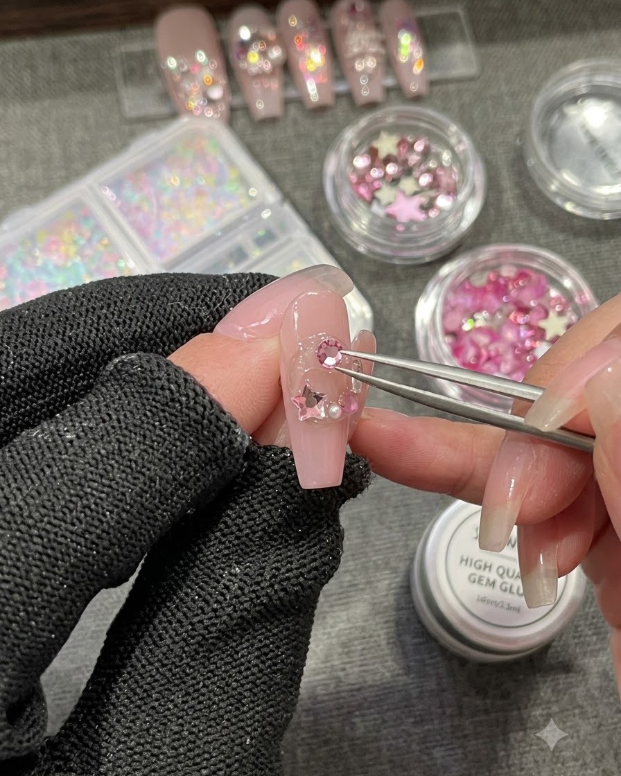 手袋を着用した手がピンセットを使用して、装飾されたネイルの上にピンクのフラットバックの丸いビーズを配置している様子。