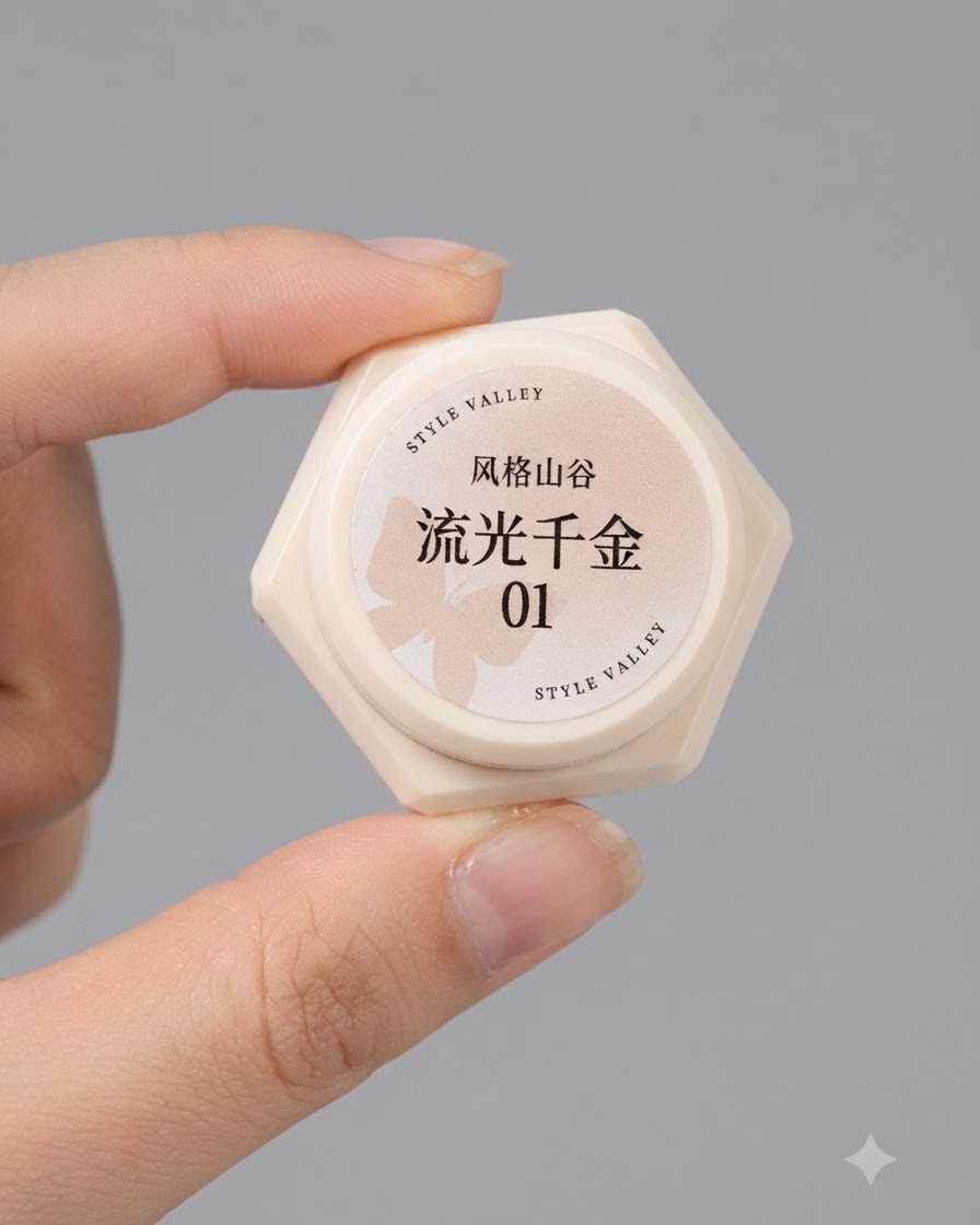 グレーの背景を背に、指でスタイルバレーシマー01ジェルのジャーを持っている様子。