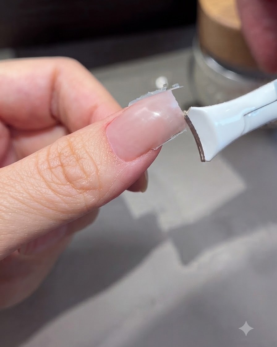 ネイルニッパーで、新しく延長されたジェルネイルのフリーエッジを切っている様子。