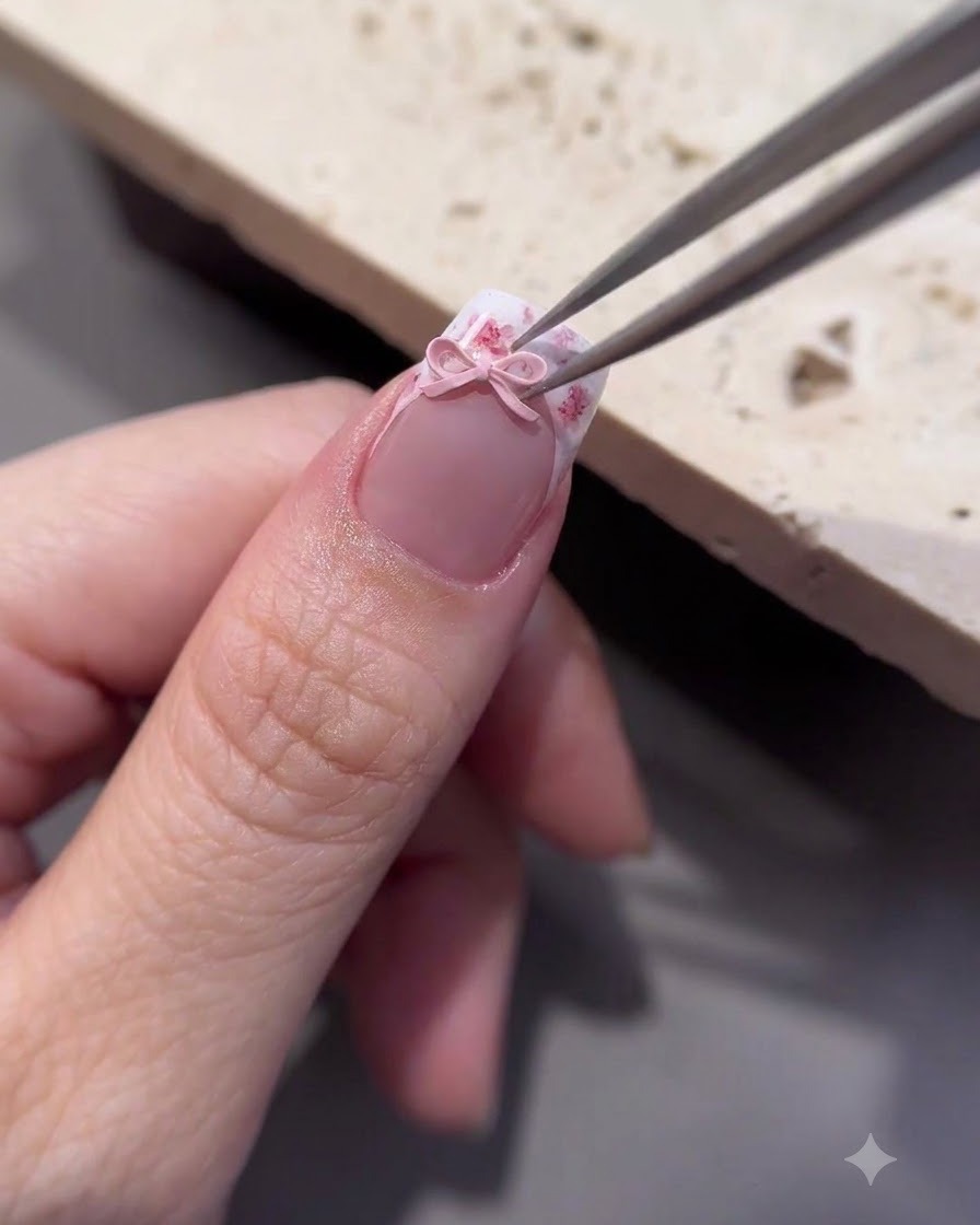 ピンセットを使って、トップコートを塗ったネイル表面に小さな3Dのピンクのリボンパーツを配置している様子。