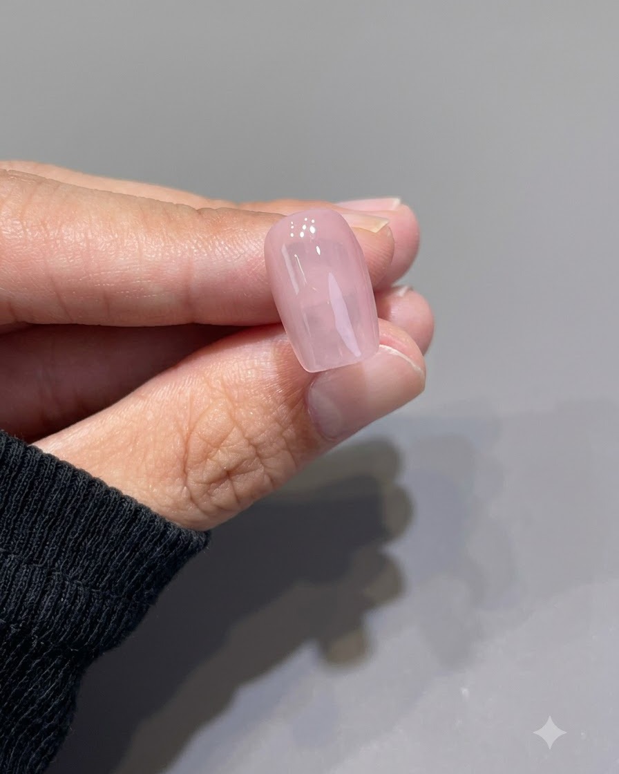 硬化された、光沢のある半透明ピンクのネイルを指の間で持っている様子。
