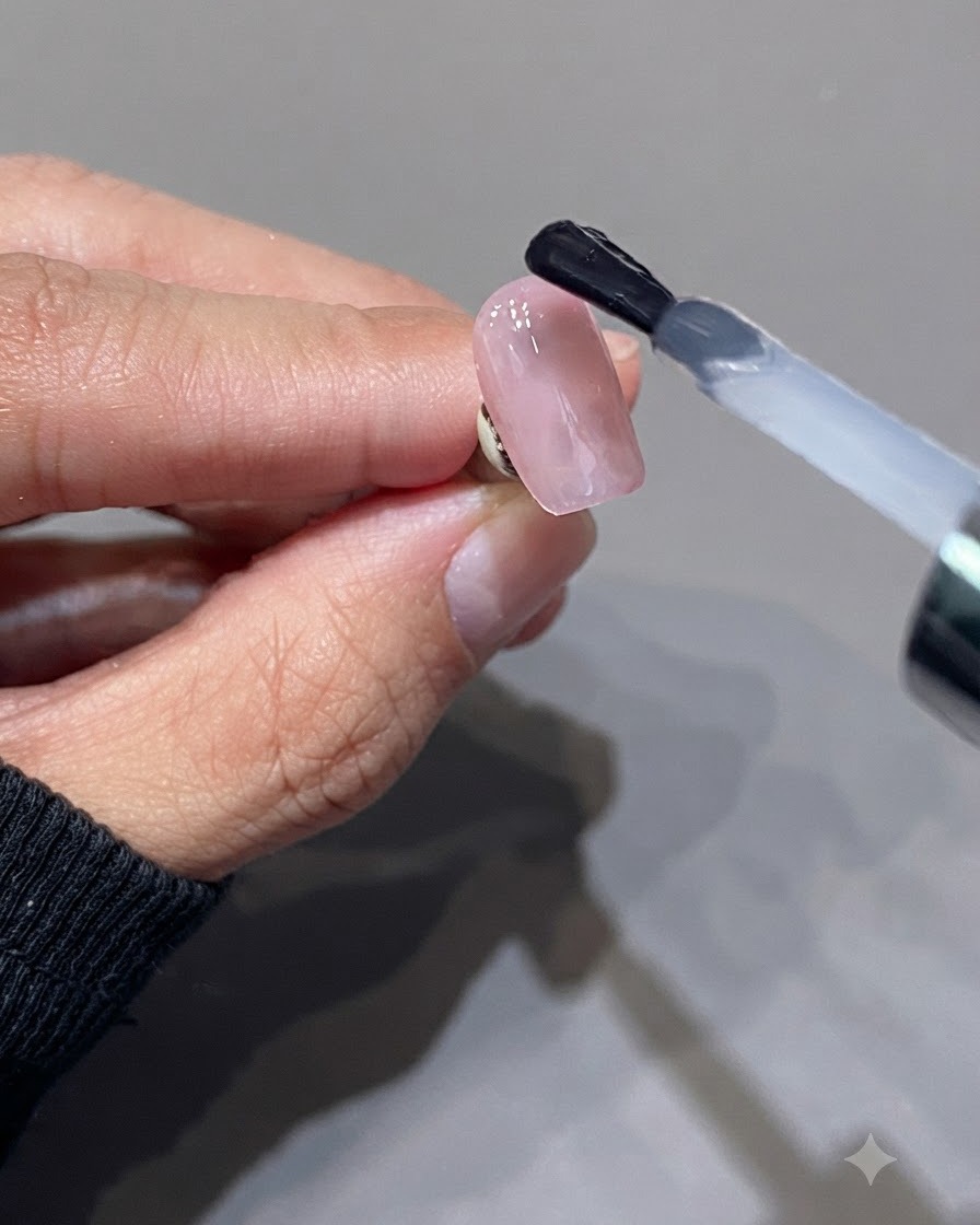 光沢のあるピンクのネイル表面に、半透明のミルキーピンクのトップコートをブラシで塗布している様子。