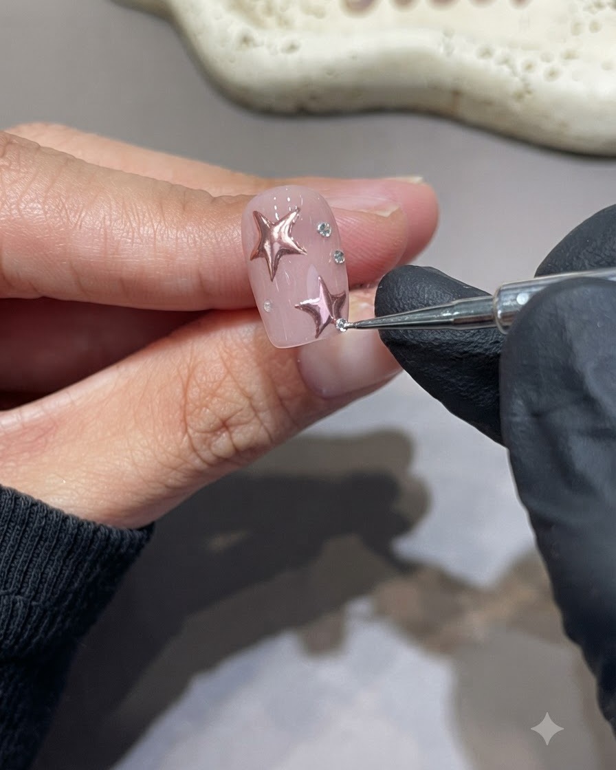 ディテーリングツールを使用して、クロムスターで飾られたピンクのネイルに小さく輝くラインストーンを配置している様子。