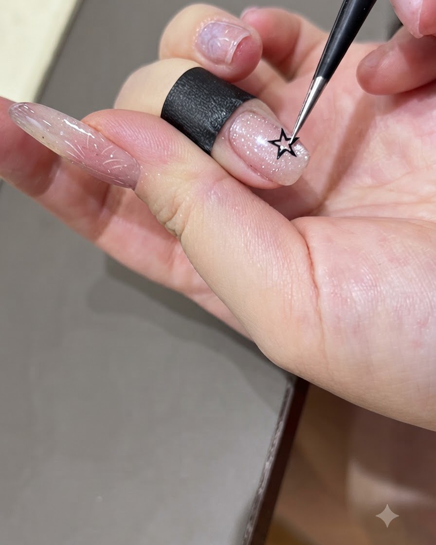 グリッターで仕上げられたネイルプレートの中央に置かれたホロー星ステッカーの近くを指している極細ブラシ。