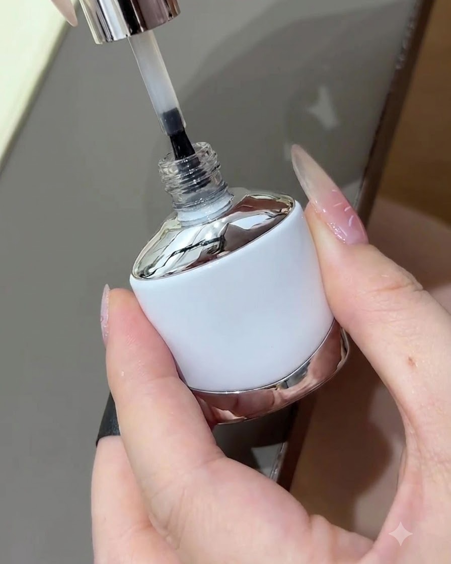 マニキュアの上に保護用の光沢のあるシールドを塗る準備として、ブラシを持ち上げたネイルトップコートのボトル。