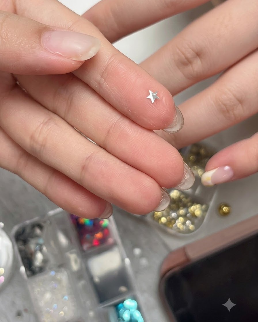 指先の上に置かれ、ピックアップの準備ができているカーブしたメタリックシルバーの星型グリッター。