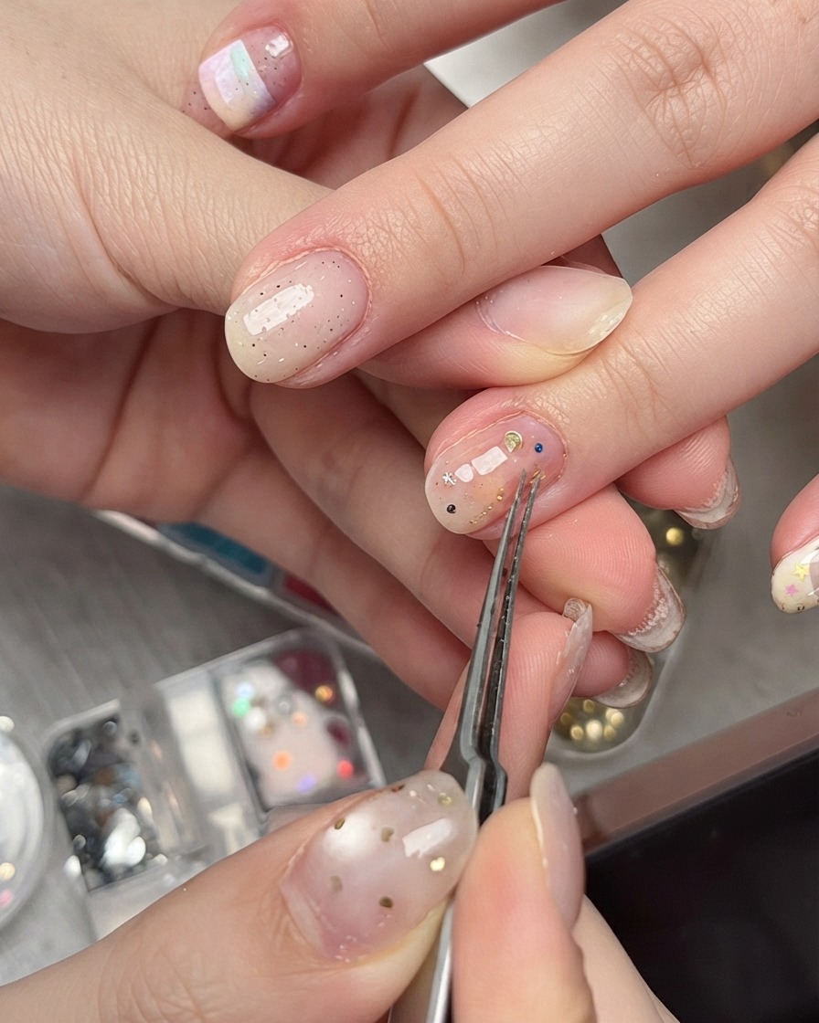 マニキュアが施された爪の上で、星型グリッターをフラットに固定するためにピンセットで優しく押さえているところ。