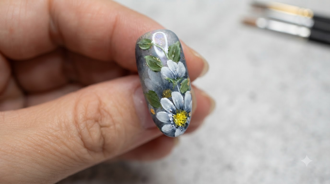 深みのあるグレーのベース、白い花の群れ、質感のある黄色の花芯、緑の葉、そして繊細なゴールドのアクセントが際立つ、北欧風デイジーのジェルネイルアートの完成状態のクローズアッ