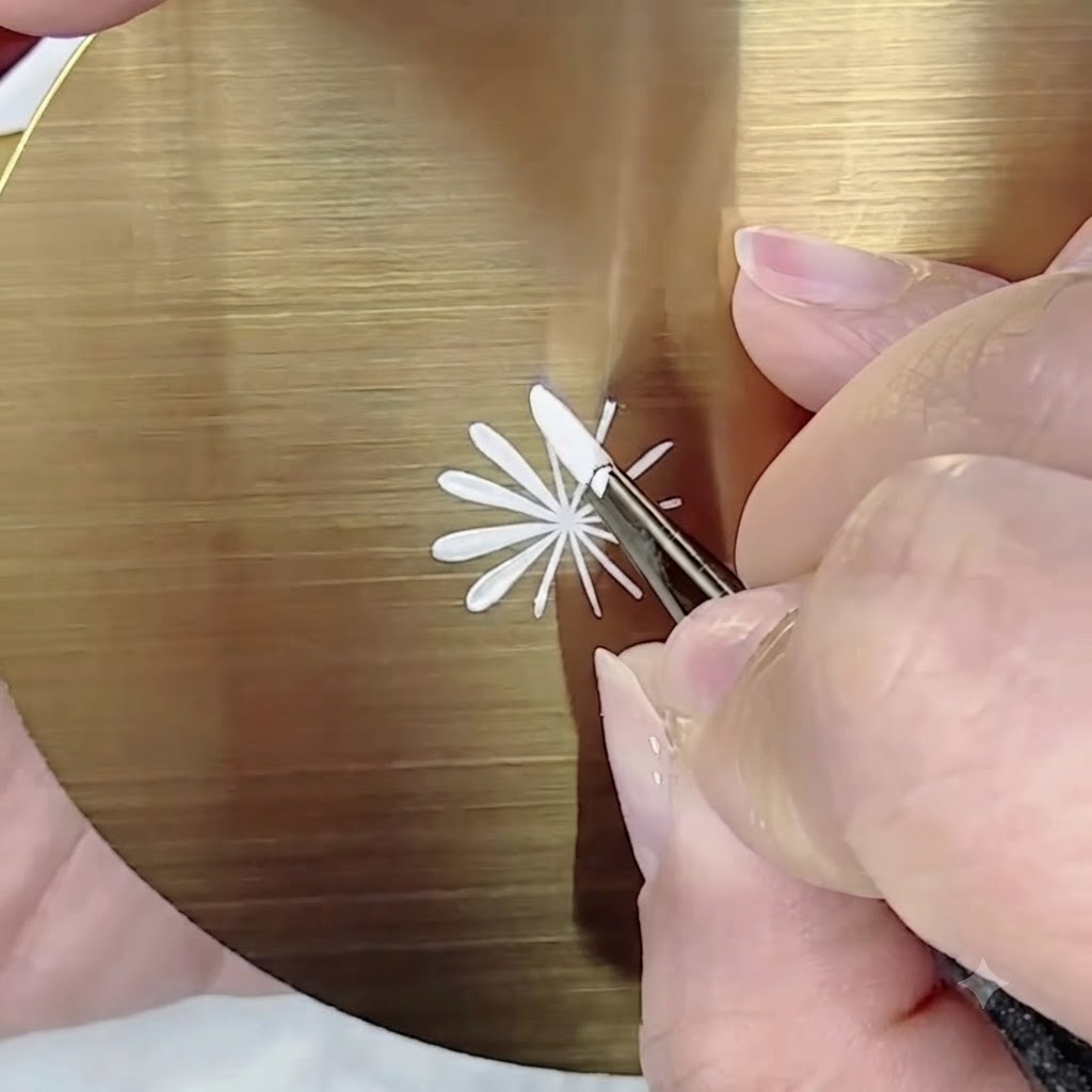 ゴールドのパレット上で、極細ブラシが中心の周りに円状に残りの1層目の花びらを描いている様子。