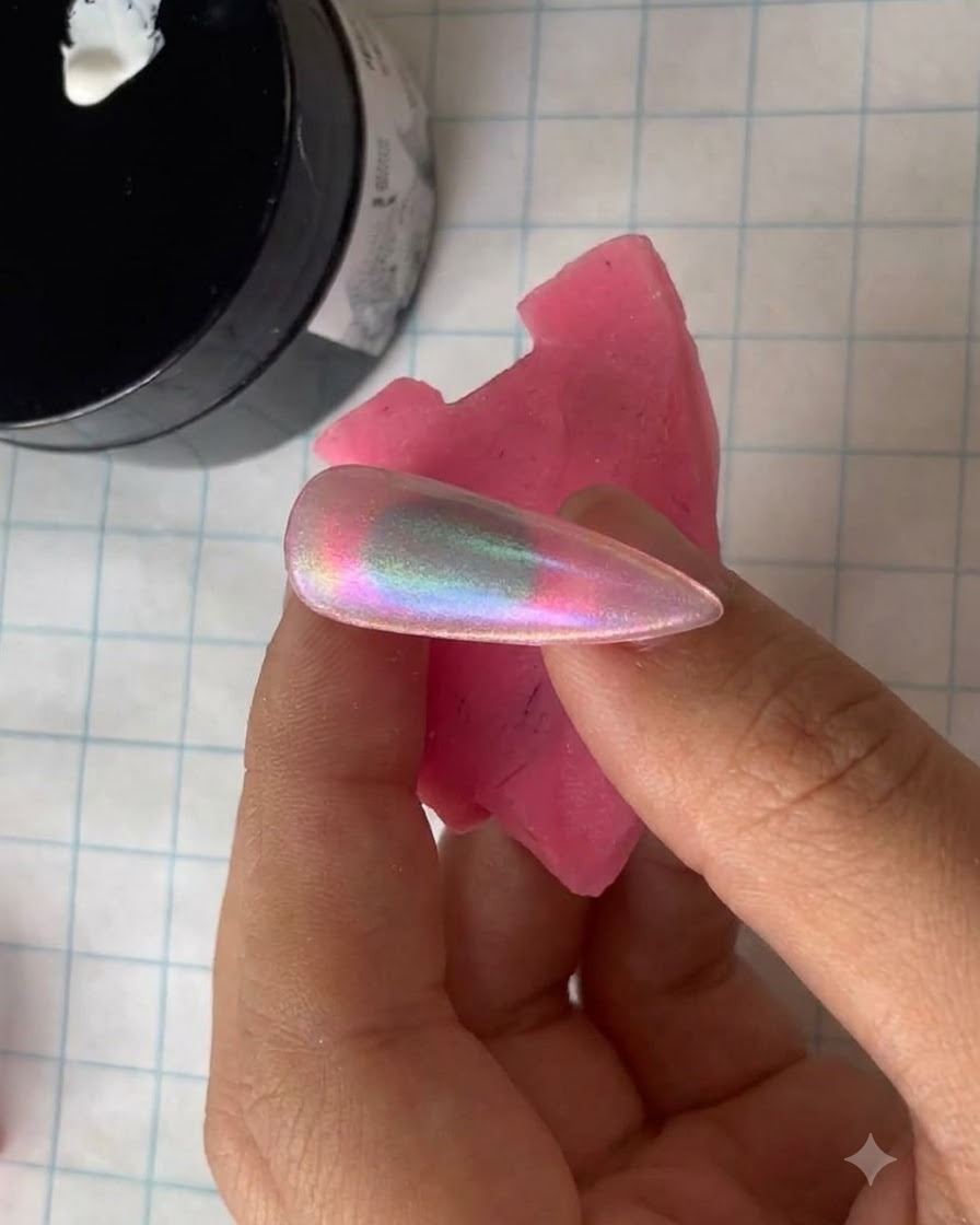 黒い容器の縁から、細いネイルアートブラシでホワイトジェルをすくい取っているクローズアップ画像。