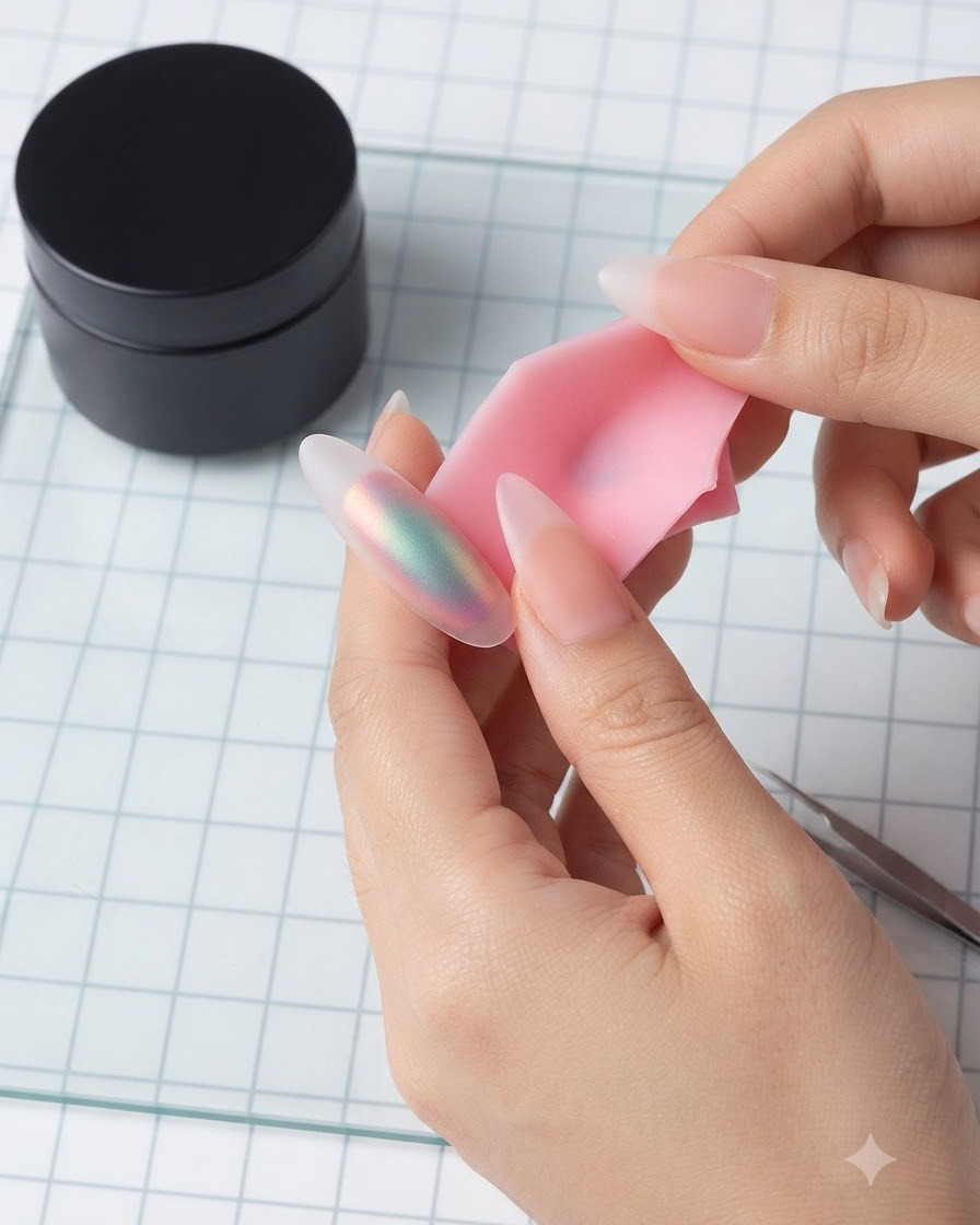 オーロラ加工されたネイルモデルの表面に、ネイルブラシでマットトップコートを塗り広げている様子。