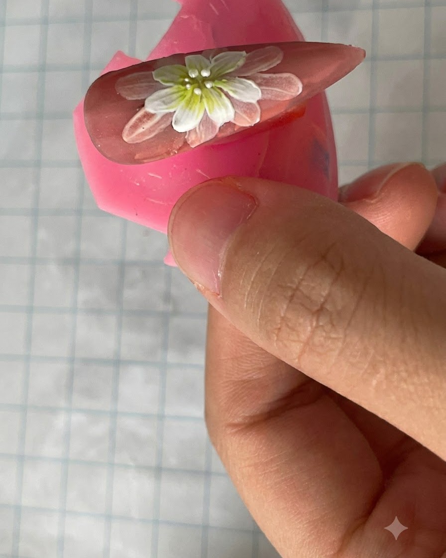 完成したダブルレイヤーのデイジーネイルデザインの上に、マットトップコートをブラシで塗布している様子。