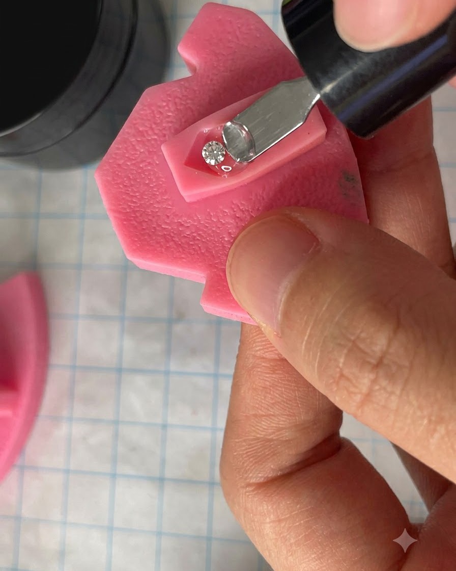 硬化させるためにピンクのネイルモデルをUVランプの下に置いている手。