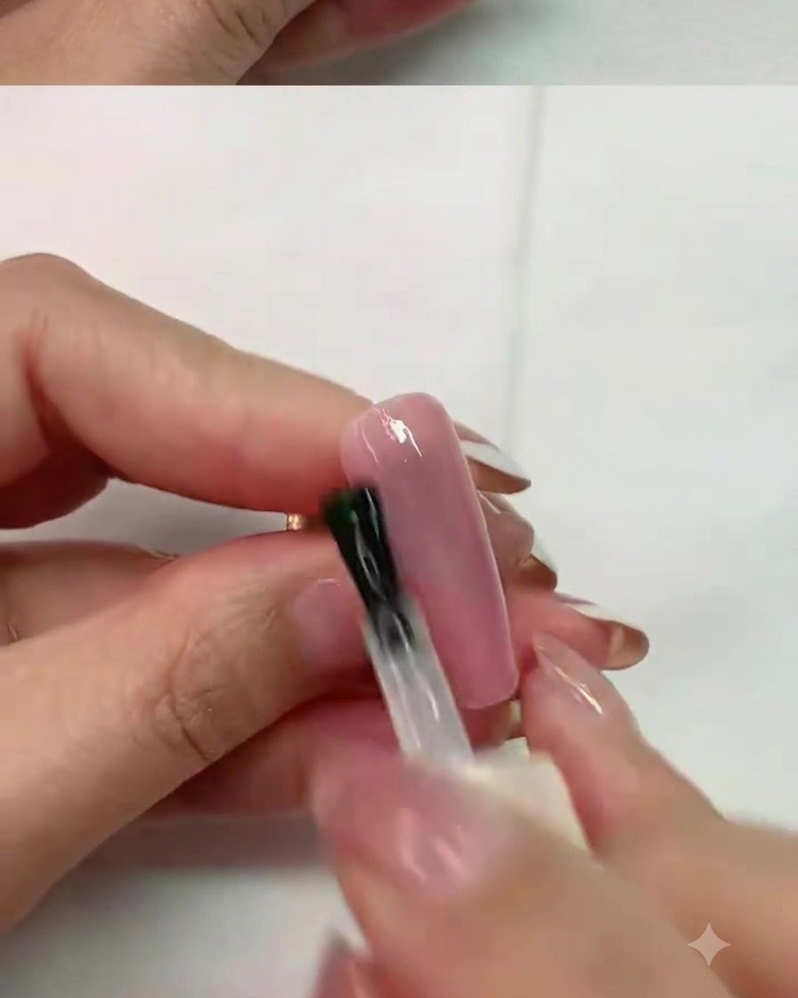 プロ用のUVネイルランプの下で、ピンクのネイルへのマットトップコートの硬化を行っている様子。