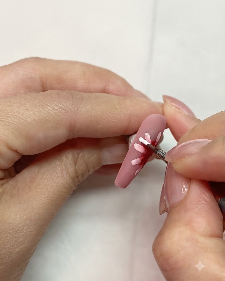 ネイル上の拡散したレッドの中心に重なる白い花びらを、細いライナーブラシを使用して描いている手。